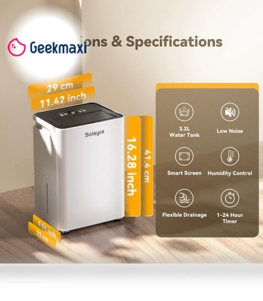Dehumidifier with 3.2L Water Tank, 16L/Day, Flat 35dB Noise, Smart Touch Panel — Air Moisture Control, Solayce
