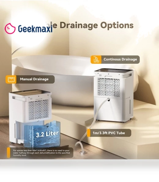 Dehumidifier with 3.2L Water Tank, 16L/Day, Flat 35dB Noise, Smart Touch Panel — Air Moisture Control, Solayce