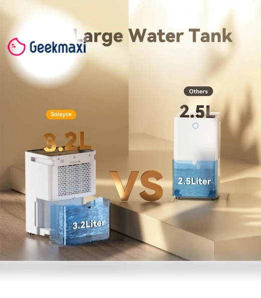 Dehumidifier with 3.2L Water Tank, 16L/Day, Flat 35dB Noise, Smart Touch Panel — Air Moisture Control, Solayce