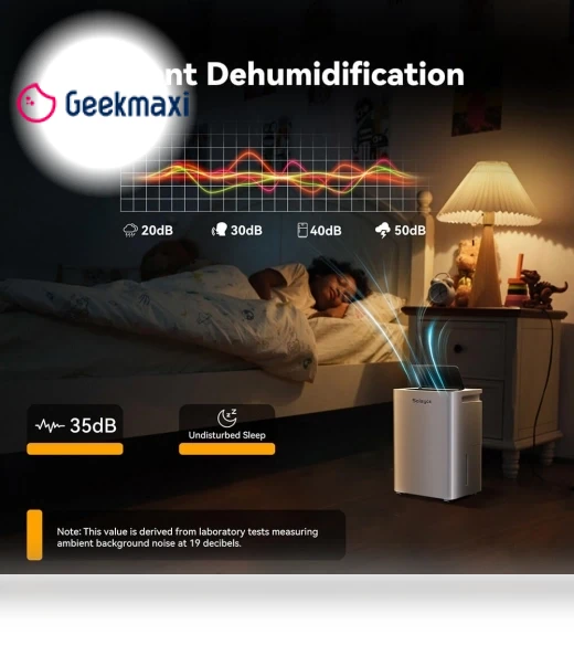 Dehumidifier with 3.2L Water Tank, 16L/Day, Flat 35dB Noise, Smart Touch Panel — Air Moisture Control, Solayce