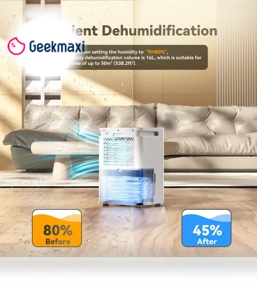 Dehumidifier with 3.2L Water Tank, 16L/Day, Flat 35dB Noise, Smart Touch Panel — Air Moisture Control, Solayce