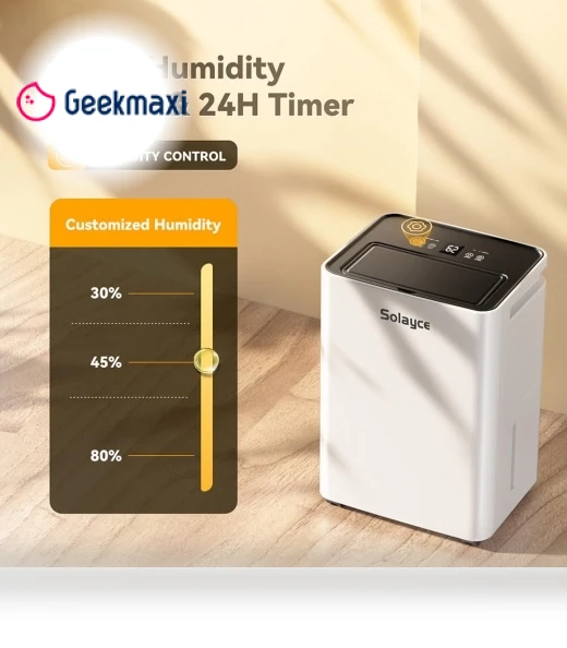 Dehumidifier with 3.2L Water Tank, 16L/Day, Flat 35dB Noise, Smart Touch Panel — Air Moisture Control, Solayce