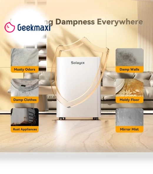 Dehumidifier with 3.2L Water Tank, 16L/Day, Flat 35dB Noise, Smart Touch Panel — Air Moisture Control, Solayce