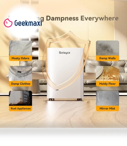 Dehumidifier with 3.2L Water Tank, 12L/Day, Flat 35dB Noise, Smart Touch Panel — Air Moisture Control, Solayce