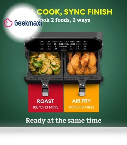 Dual Air Fryer with Viewing Window, 8L Family Sized, Nonstick, 8-in-1 Smart Programmes — Air Fryers, Chefree