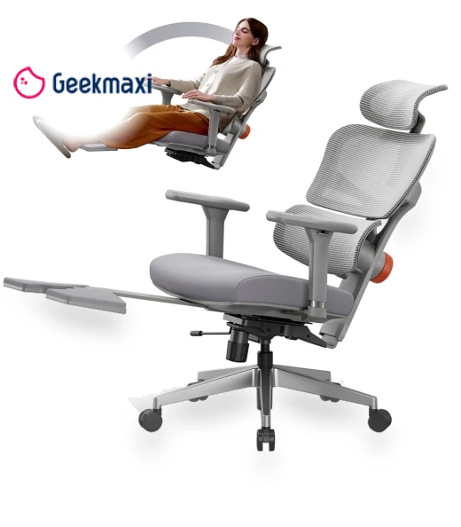 Ergonomic Chair with Adjustable Backrest, Armrest, Headrest, and Footrest - Grey — Back & Seat Cushions, NEWTRAL
