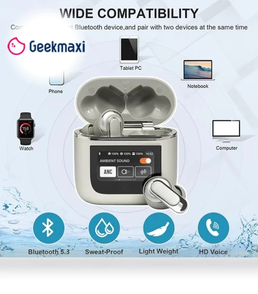 Smart LCD Touchscreen Bluetooth 5.3 Earbuds, Waterproof Wireless Sport Headphones — Audio Gear, NONAME