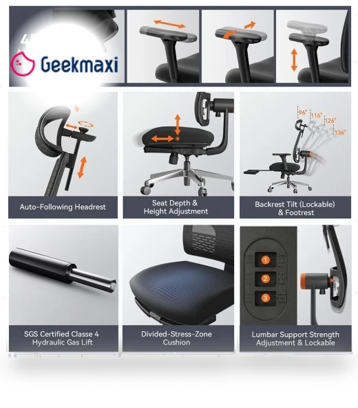 Ergonomic Chair with Footrest, Auto-Following Backrest Headrest, Adaptive Lower Back Support - Black — Back & Seat Cushions, NEWTRAL