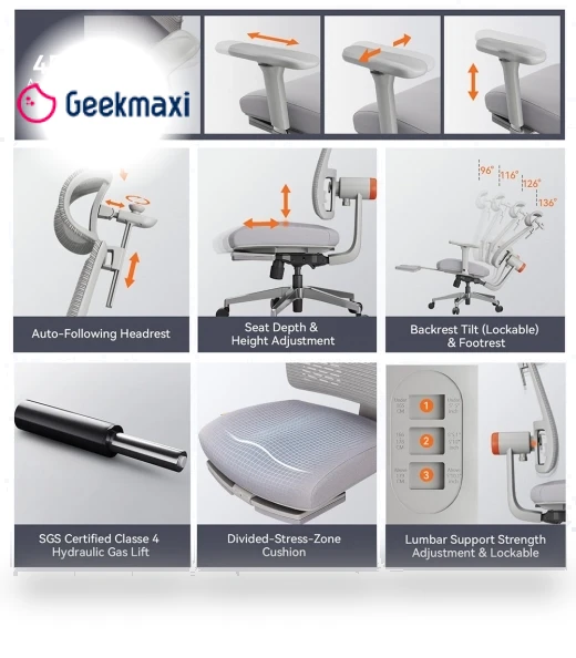 Ergonomic Chair with Footrest, Auto-Following Backrest Headrest, Adaptive Lower Back Support - Gray — Back & Seat Cushions, NEWTRAL