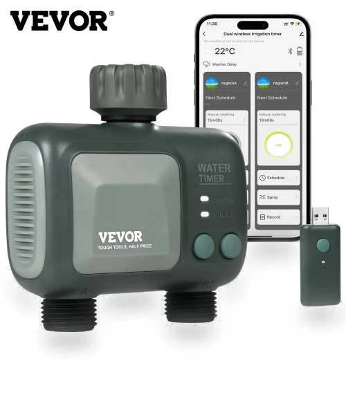 WiFi Sprinkler Timer, 2 Outlets, Smart Hose Faucet Water Timer — Automatic Irrigation, VEVOR