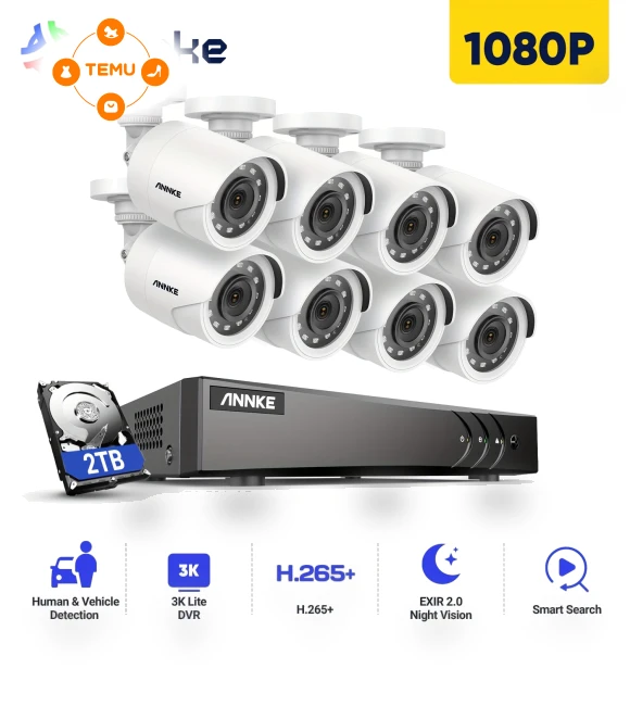 3K Lite Wired Surveillance DVR with AI Detection, 8CH System, 1TB HDD, 8x1080p Cameras — Complete Surveillance Systems, Annke