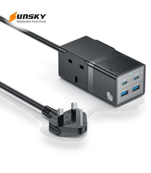 40W 6 In 1 Dual Type-C and Dual USB-A with 2 Socket Desktop GaN Power Socket Power Strip — Power Solutions & Surge Protection, Yesido
