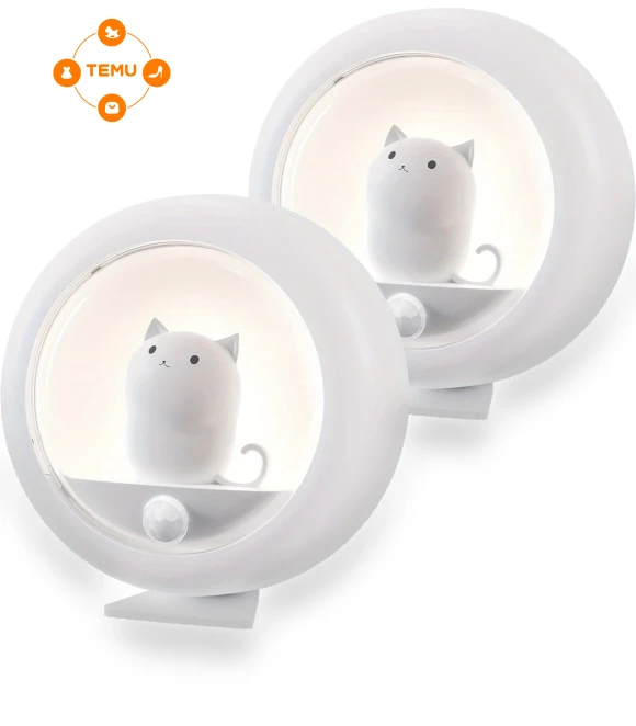 Cute Cat Motion Sensor Night Light - 2 Pack, Cordless Rechargeable LED — Night Lights