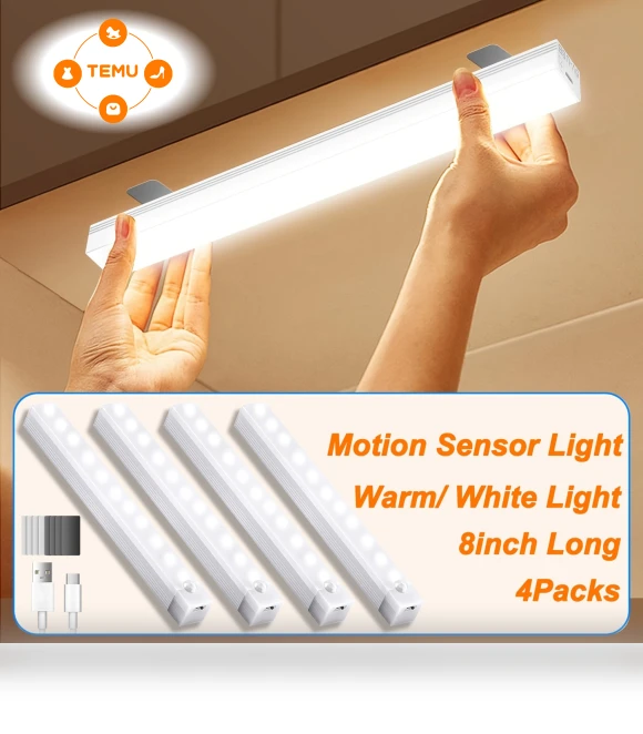 Motion Sensor Under Cabinet LED Lights, 4packs-8inch, Magnetic Rechargeable — Under-Cabinet Lights
