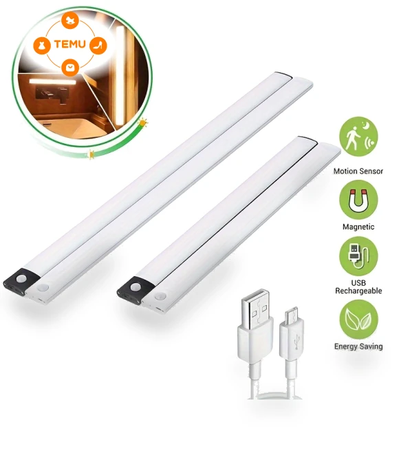 LED Motion Sensor Under Cabinet Closet Light USB Rechargeable Kitchen Lamp Strip — Under-Cabinet Lights