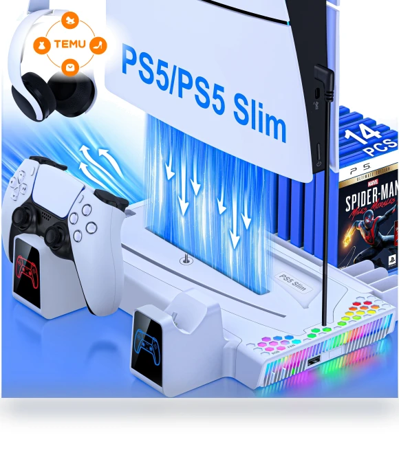 Stand Cooling Station for PS5 Slim with Dual Controller Charging, RGB Lights — Cooling