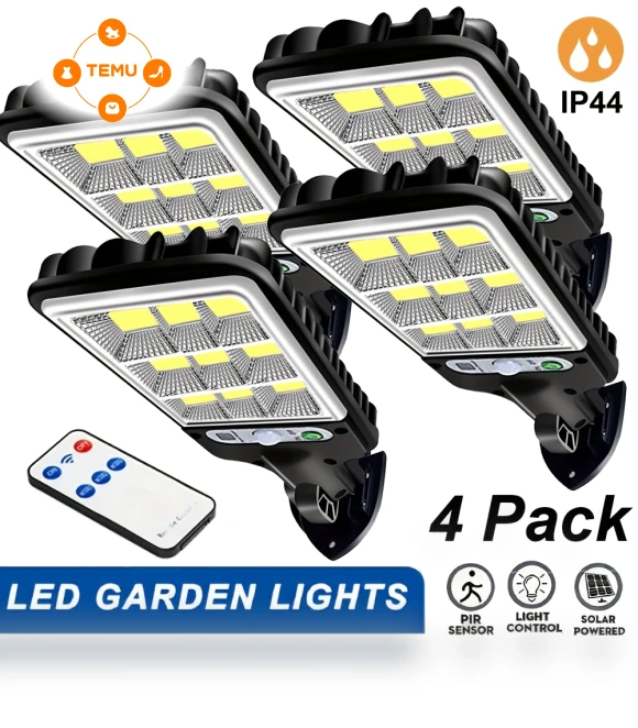 Solar Motion Sensor Lights 4-Pack, Solar Panel Powered Security Lights for Garden, Garage, Yard, Backyard, Patio — Outdoor Security & Flood Lighting