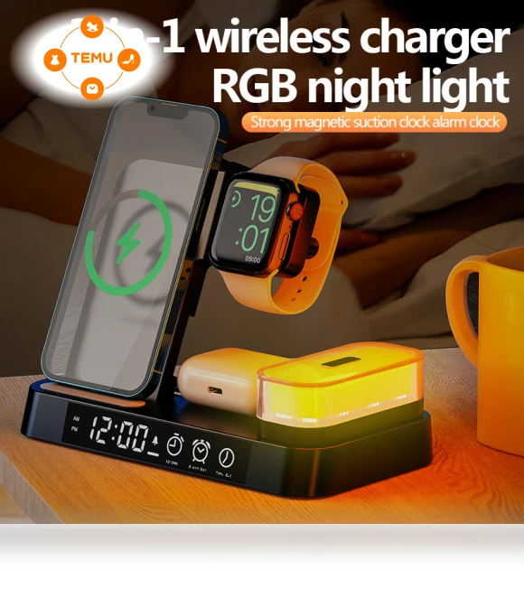 3-in-1 Wireless Charging Dock with Time Display, Alarm Clock, and Nightlight — Power Hubs, Jogrytece