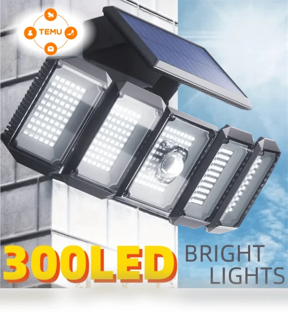 Outdoor Solar Light with 300 LED Motion Sensor, 5 Rotatable Heads — Outdoor Security & Flood Lighting