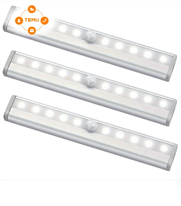 3 Pack Under Cabinet Lights, 10 LED Battery Operated Motion Sensor Light Indoor — Under-Cabinet Mounts