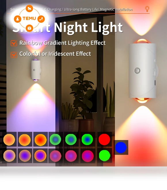 Smart LED Night Light with Motion Detection - Rechargeable, RGB Gradient Lighting — LED
