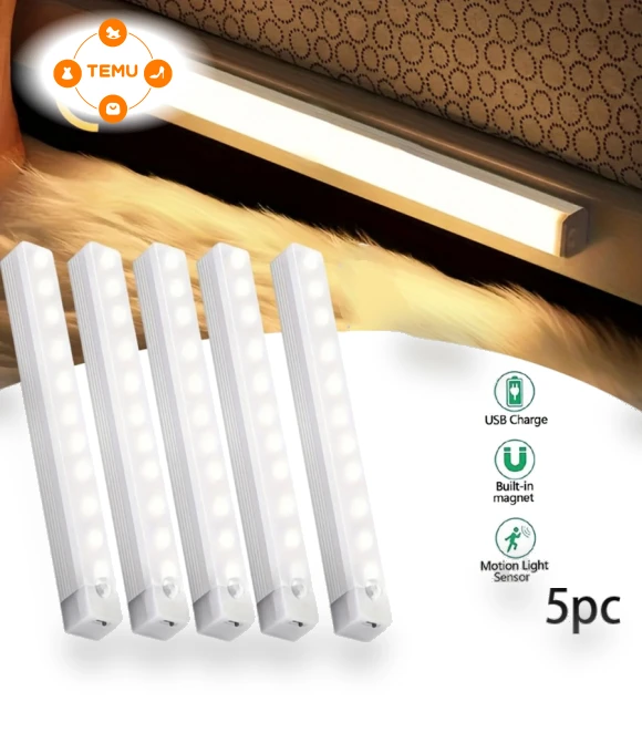 5 Pack LED Motion Sensor Cabinet Light, USB Rechargeable Wireless Undercounter Lighting — Under-Cabinet Lights