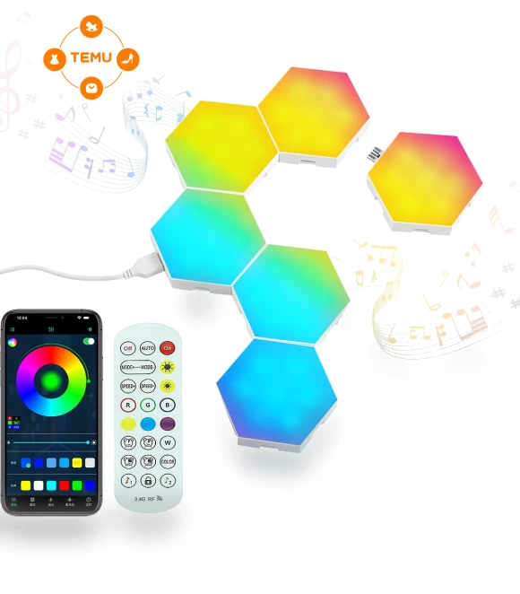 Hexagon LED Wall Lights, Smart Home Decor with Music Sync, 6 Pack — Wall Lighting