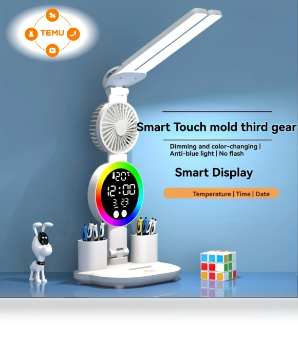 Smart LED Desk Lamp with Touch Control, USB Powered, Adjustable Brightness, Built-in Fan and Night Light — Study & Desk Lighting