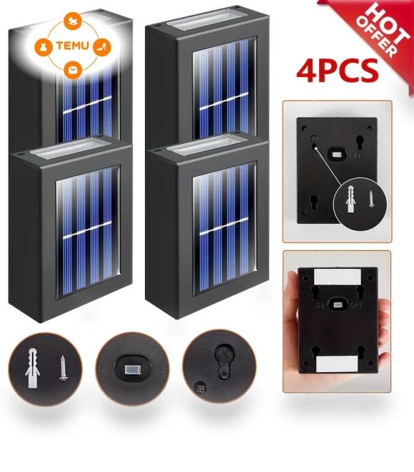 Solar Wall Lights, 4pcs, 2LEDs, Soft White & Warm Color, IP44 Waterproof — Garden Illumination