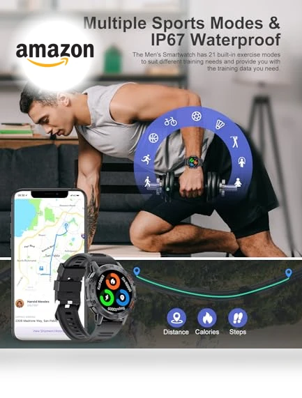 Military Smart Watch for Men with 100 Sports Modes, 5ATM Waterproof, Heart Rate, SpO2, Blood Pressure Monitoring — Smartwatches, SUNKTA