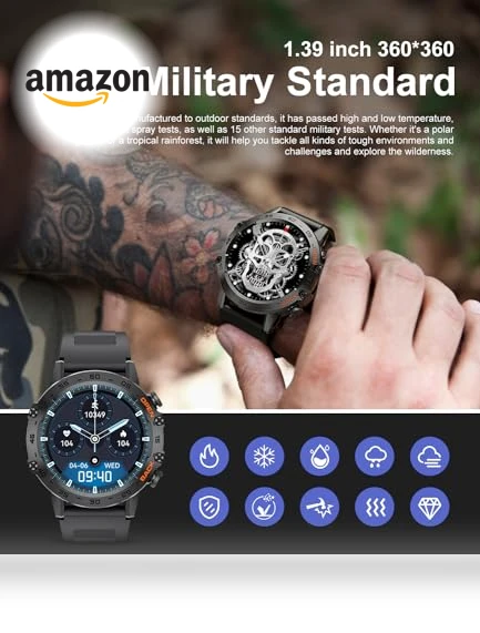 Military Smart Watch for Men with 100 Sports Modes, 5ATM Waterproof, Heart Rate, SpO2, Blood Pressure Monitoring — Smartwatches, SUNKTA