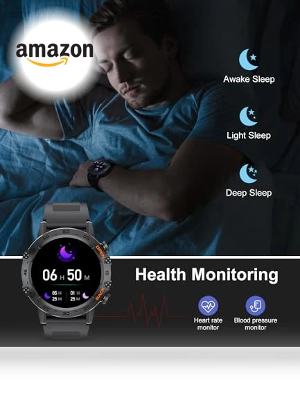 Military Smart Watch for Men with 100 Sports Modes, 5ATM Waterproof, Heart Rate, SpO2, Blood Pressure Monitoring — Smartwatches, SUNKTA