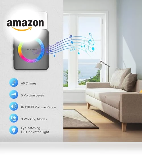 Wireless Doorbell with 1,970Ft Range, 60 Chimes, 5 Volume Levels, RGB Flash — Push Buttons, TECKNET