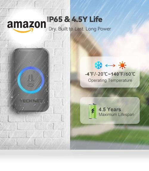 Wireless Doorbell with 1,970Ft Range, 60 Chimes, 5 Volume Levels, RGB Flash — Push Buttons, TECKNET