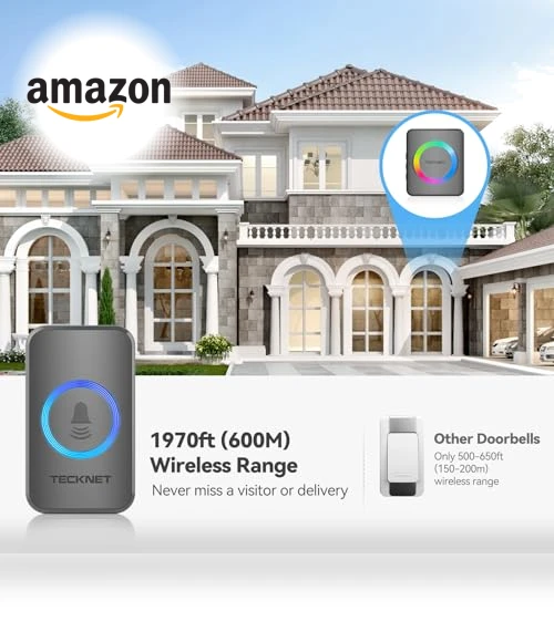 Wireless Doorbell with 1,970Ft Range, 60 Chimes, 5 Volume Levels, RGB Flash — Push Buttons, TECKNET