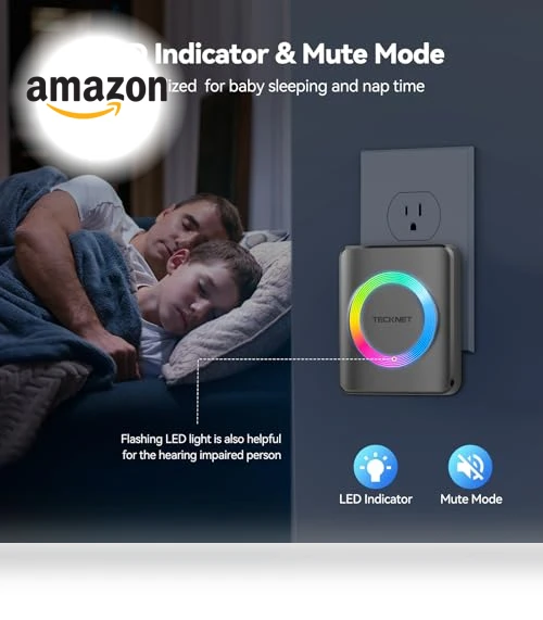 Wireless Doorbell with 1,970Ft Range, 60 Chimes, 5 Volume Levels, RGB Flash — Push Buttons, TECKNET