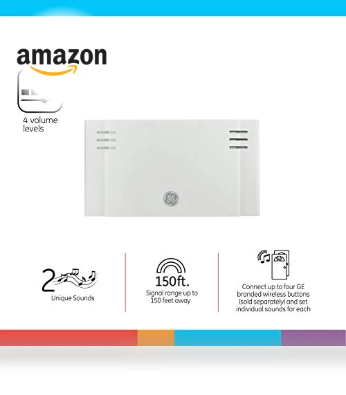 Wireless Doorbell Kit, Battery-Operated Receiver, 2 Melodies, 4 Volume Levels, 150 Ft Range — Push Buttons, GE