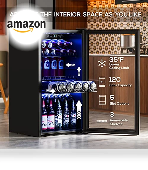 120 Cans Freestanding Mini Fridge Cooler with Glass Door — Drink Coolers, Manastin