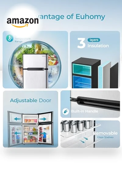 Mini Fridge with Freezer, 3.2 Cu.Ft, 2 Door, Adjustable Shelves — Mini Fridges, EUHOMY