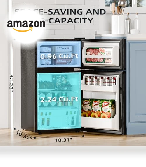 3.2 Cu.Ft Mini Refrigerator with Freezer, Double Door Compact Fridge — Mini Fridges, Antarctic Star