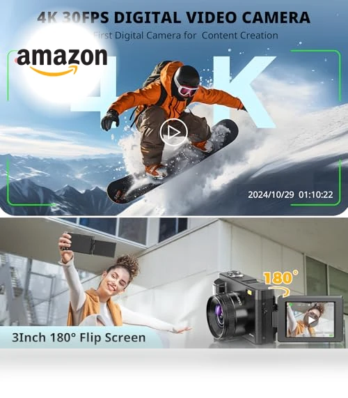 4K Digital Camera for Photography Autofocus with 180° Flip Screen — Mirrorless Cameras, Duluvulu