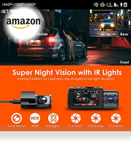 3 Channel Dash Cam with 4K, 1440P, and 1080P Resolution, IR Night Vision, 24 Hours Parking Mode — Dashboard Cameras, VANTRUE