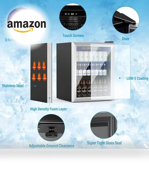 76 Can Mini Fridge with Glass Door, Adjustable Shelves — Drink Coolers, Erivess