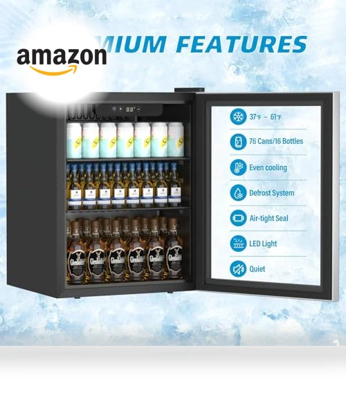 76 Can Mini Fridge with Glass Door, Adjustable Shelves — Drink Coolers, Erivess