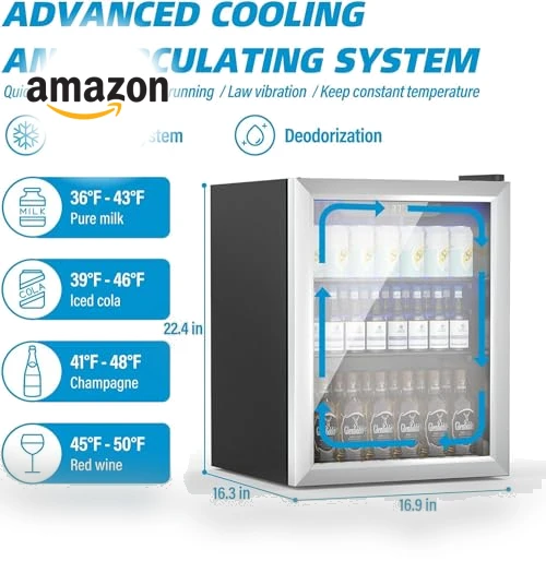76 Can Mini Fridge with Glass Door, Adjustable Shelves — Drink Coolers, Erivess