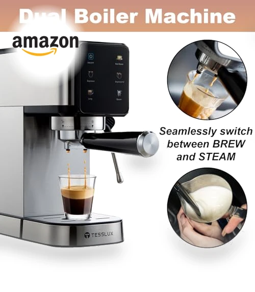 20Bar Espresso Machine with Dual Boiler & Milk Frother — Coffee & Espresso Combos, Tesslux