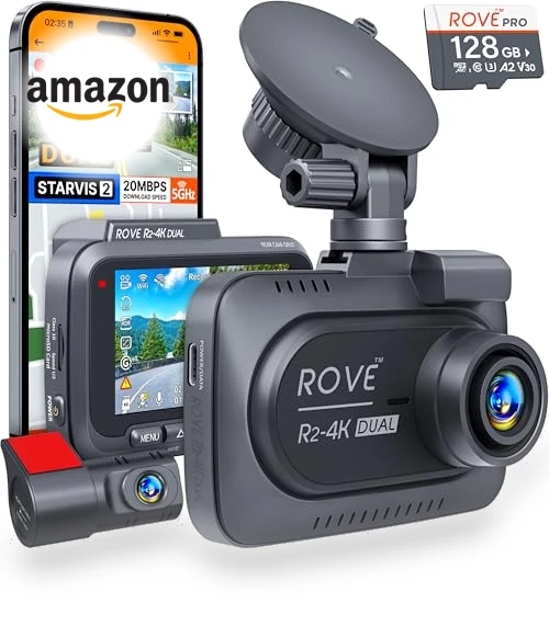 4K Dual Dash Cam Front and Rear with WiFi and GPS — Rearview Cameras for Cars, ROVE
