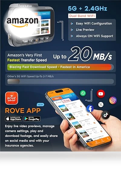 4K Dual Dash Cam Front and Rear with WiFi and GPS — Rearview Cameras for Cars, ROVE