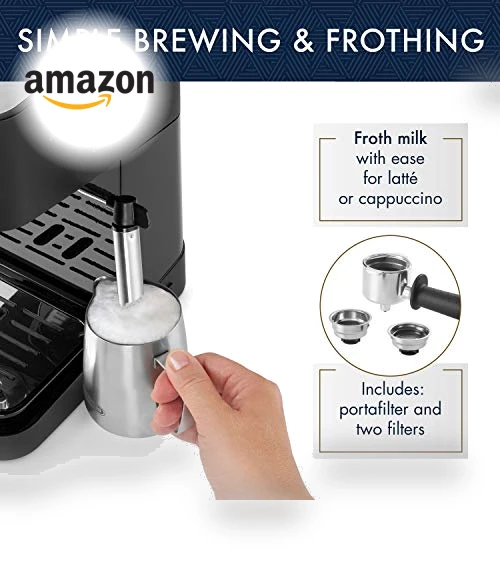 Manual Espresso Machine with Milk Frother, 15 Bar Pump Pressure — Coffee & Espresso Combos, De'Longhi