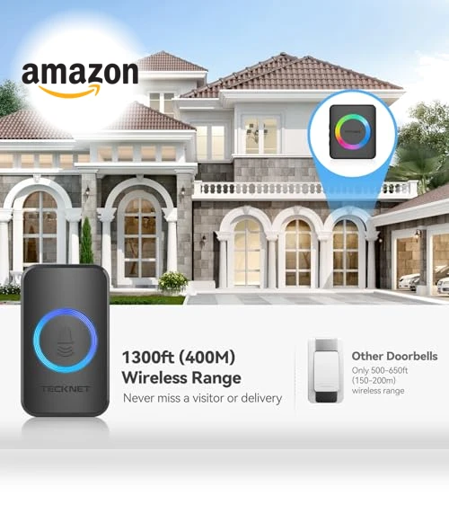 Wireless Doorbell with 1300ft Range, 60 Chimes, IP65 Waterproof — Kits, TECKNET